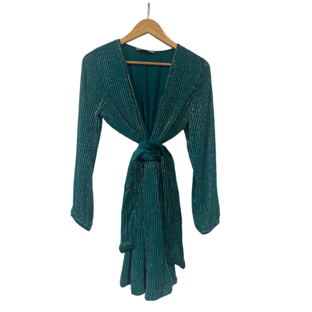 Karina Grimaldi Beaded Teal Long-Sleeve Dress with Tie Front